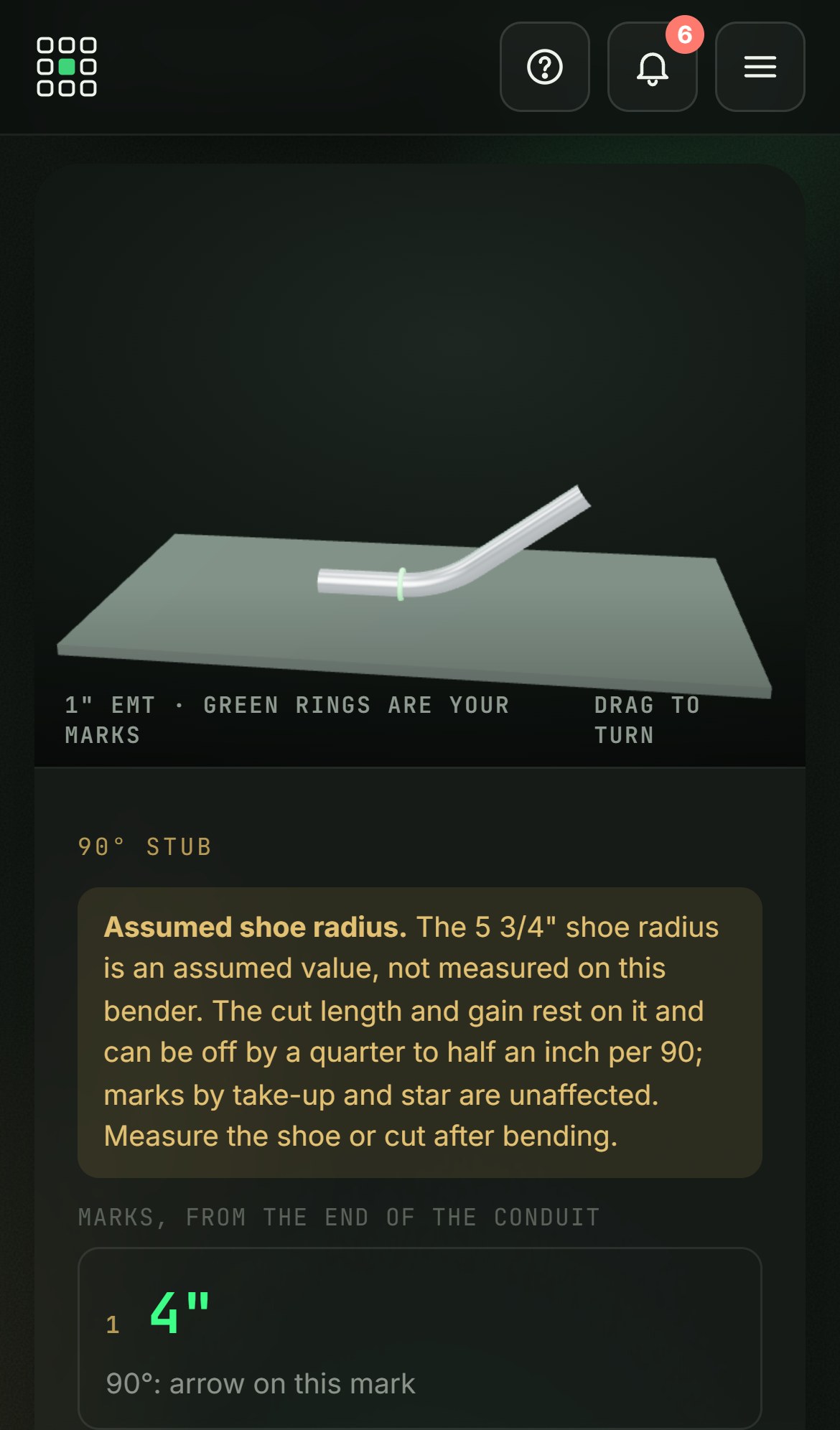 The bending calculator in the app